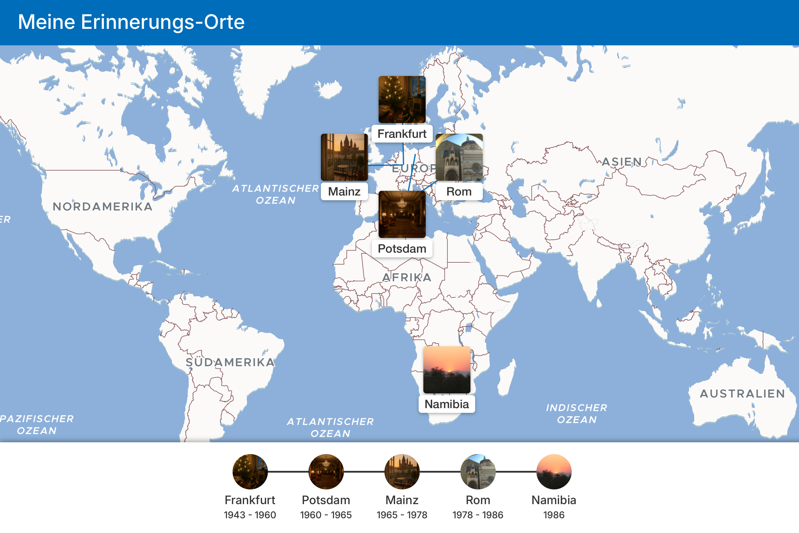 Gesamtübersicht der leicht bedienbaren Webapp LINA, die ältere Menschen einlädt, ihre Lebensgeschichte digital zu erkunden.